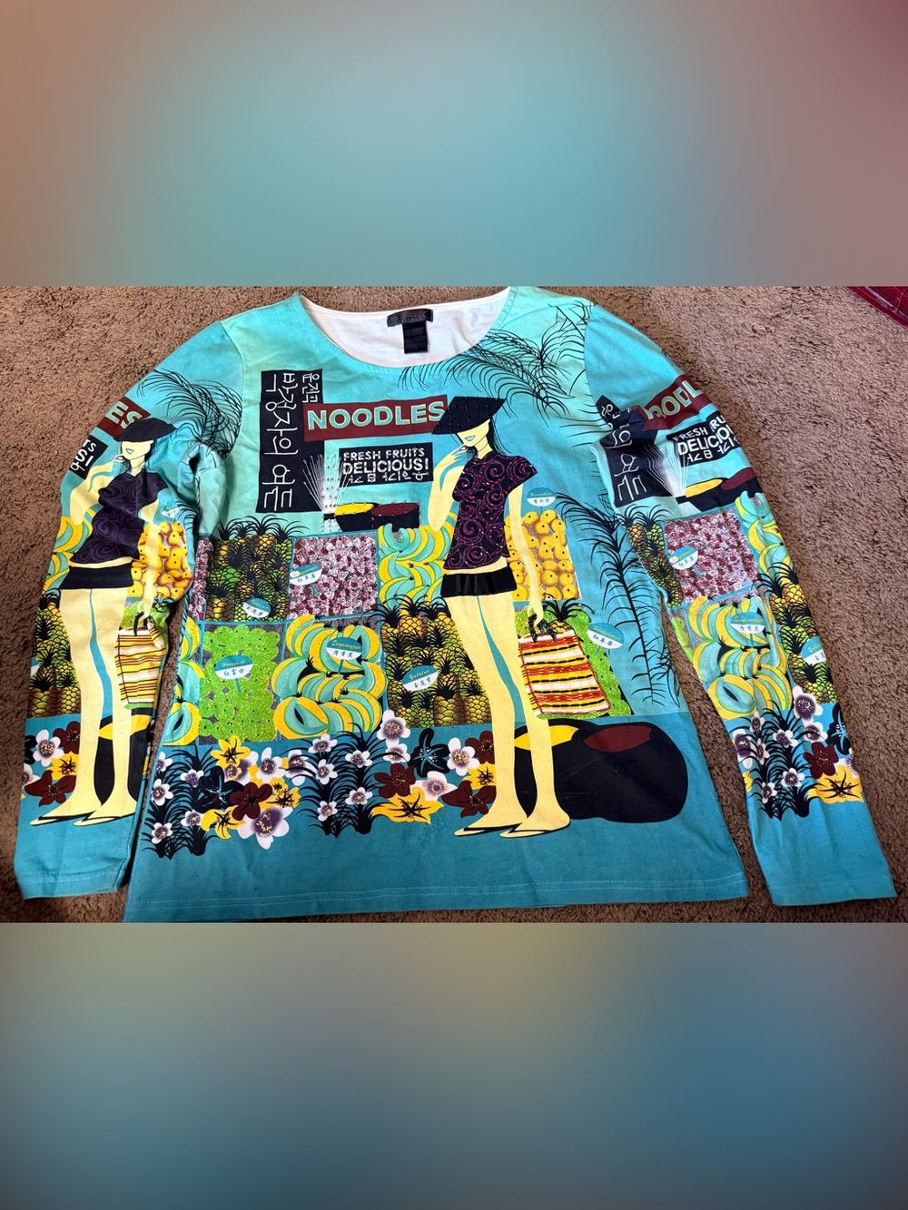 Desigual Turquoise Graphic Crewneck Sweater with Yellow Accents